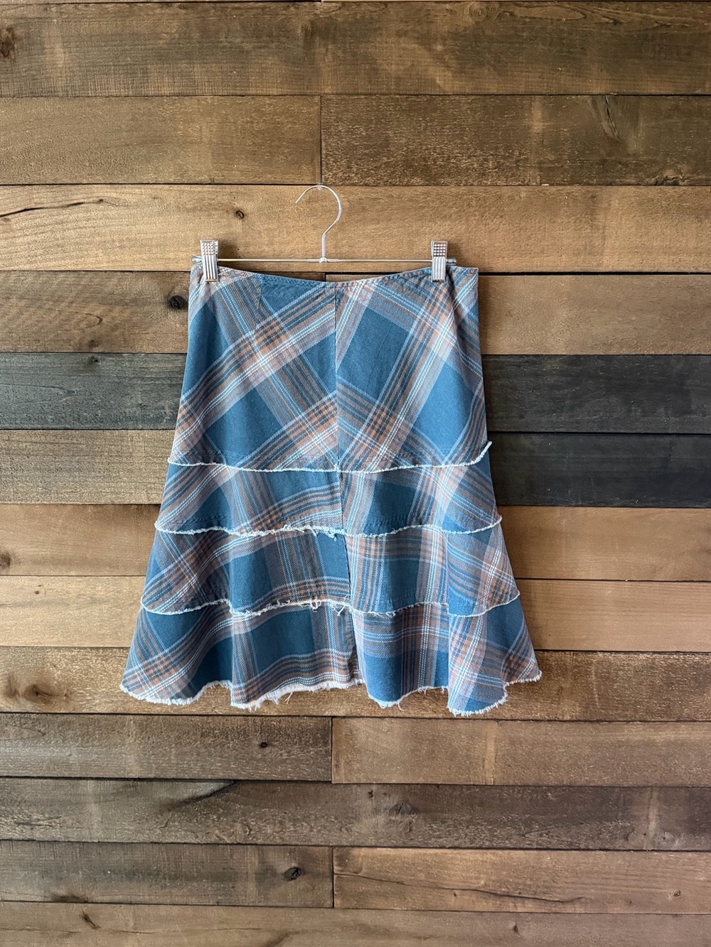 Y2K Plaid Tiered Skirt Tracy Evans Limited Blue Brown Frayed Hem Size 5